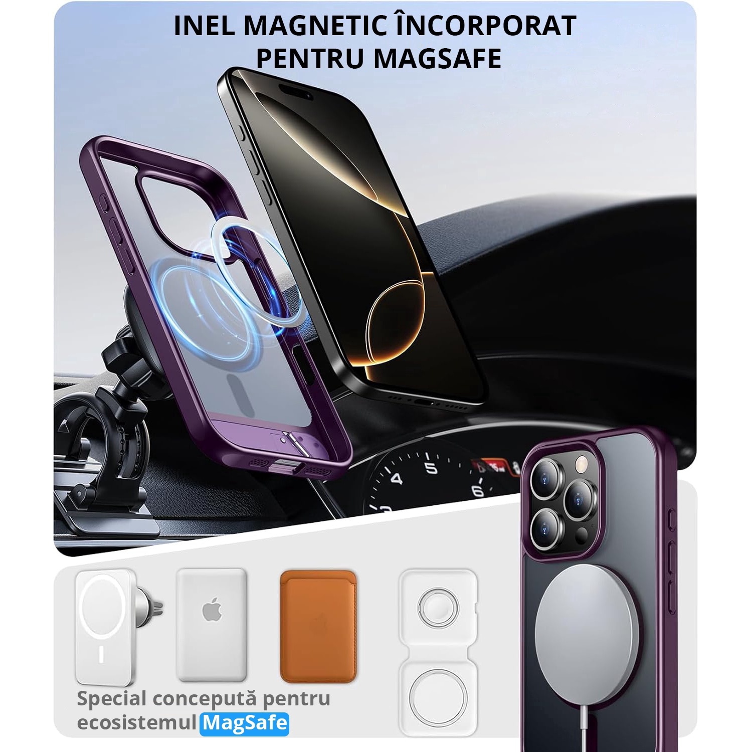 Husa pentru iPhone 16 Pro Max, MagSafe, Protectie standard Militar, cu Suport Metalic Incorporat, Purple