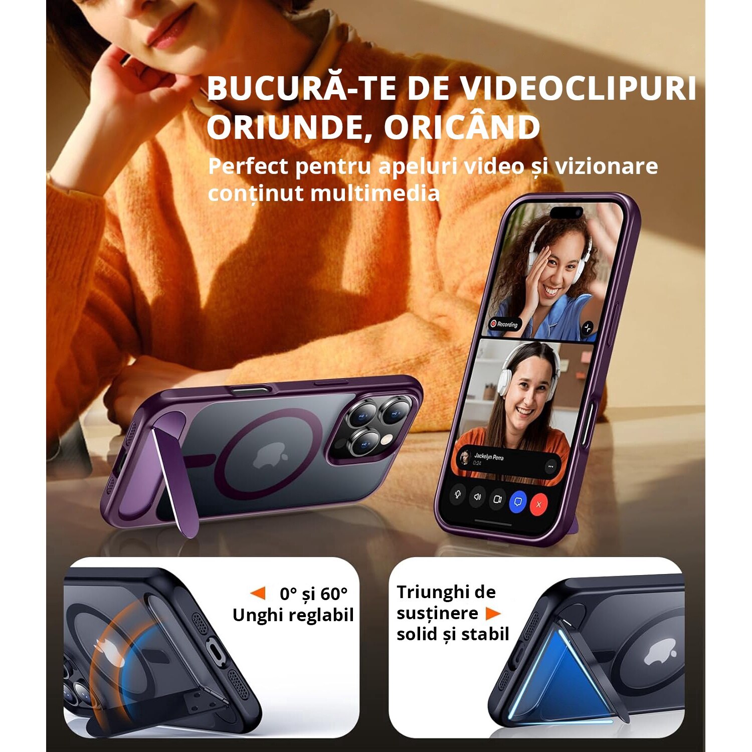 Husa pentru iPhone 16 Pro Max, MagSafe, Protectie standard Militar, cu Suport Metalic Incorporat, Purple