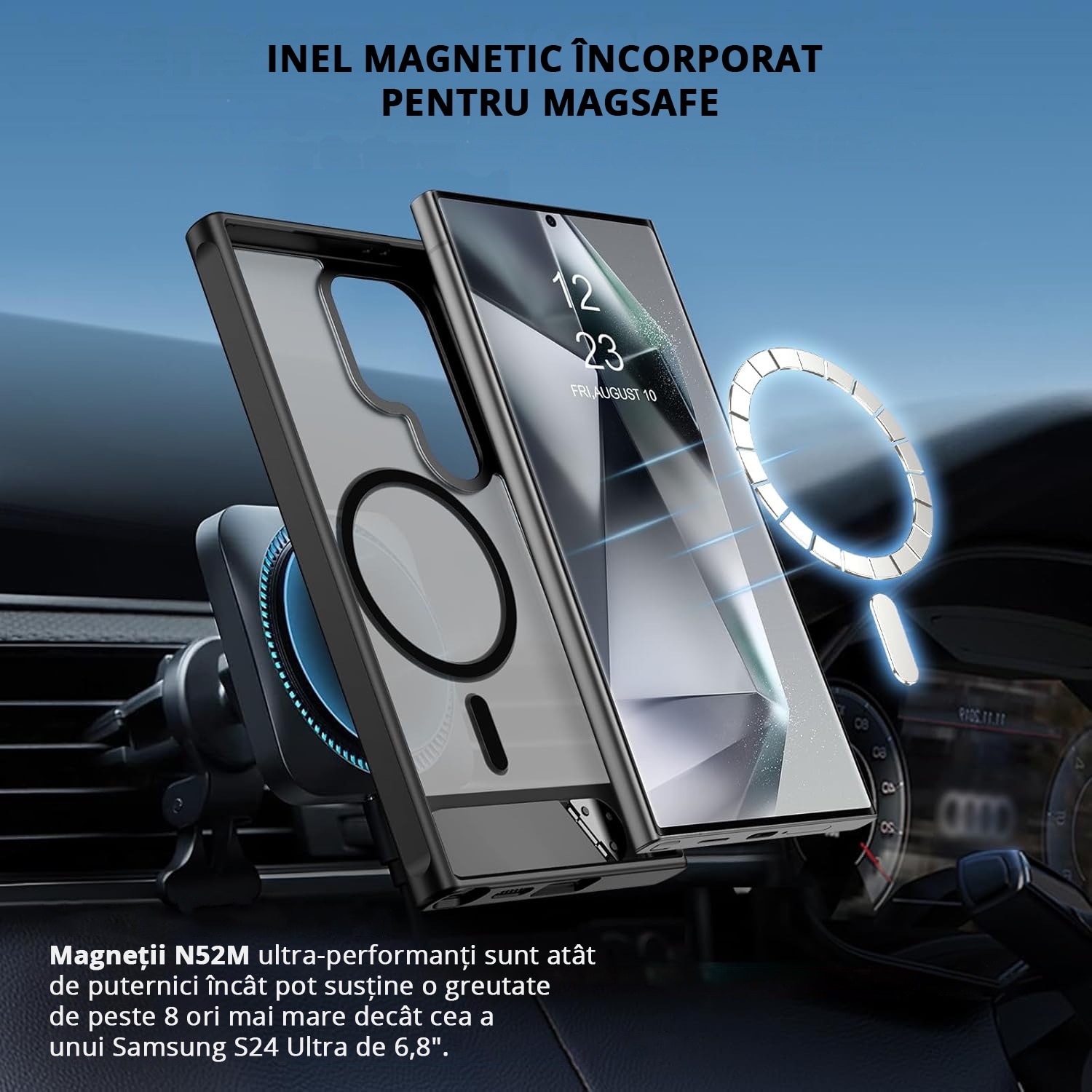 Husa pentru Samsung Galaxy S24 ULTRA, MagSafe, Protectie standard Militar, cu Suport Metalic Incorporat, Negru