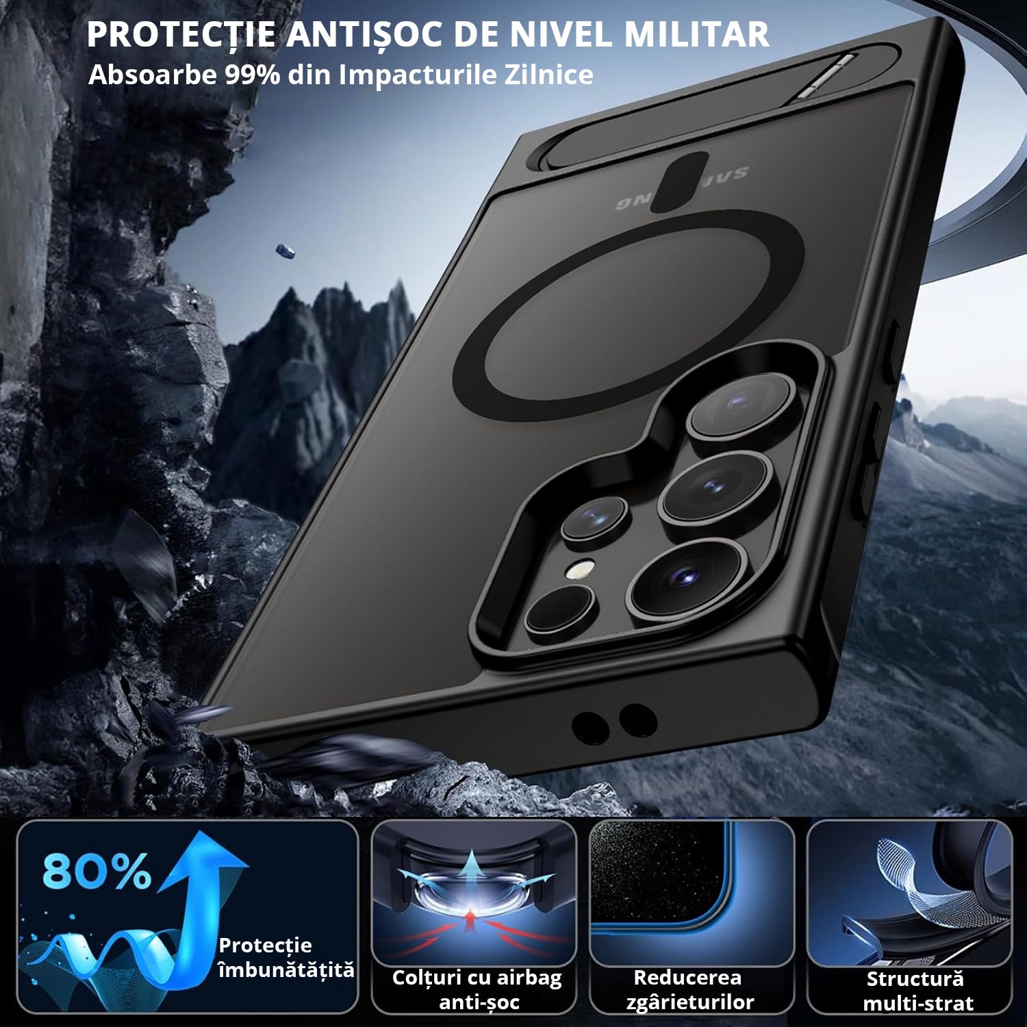 Husa pentru Samsung Galaxy S24 ULTRA, MagSafe, Protectie standard Militar, cu Suport Metalic Incorporat, Negru