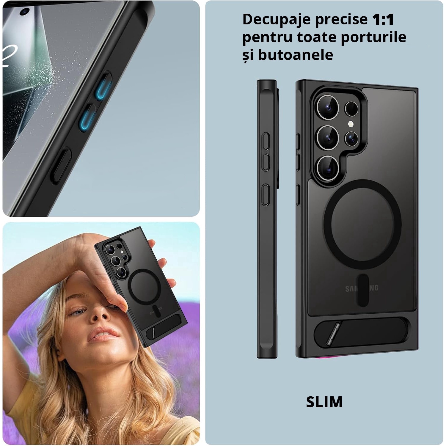 Husa pentru Samsung Galaxy S24 ULTRA, MagSafe, Protectie standard Militar, cu Suport Metalic Incorporat, Negru