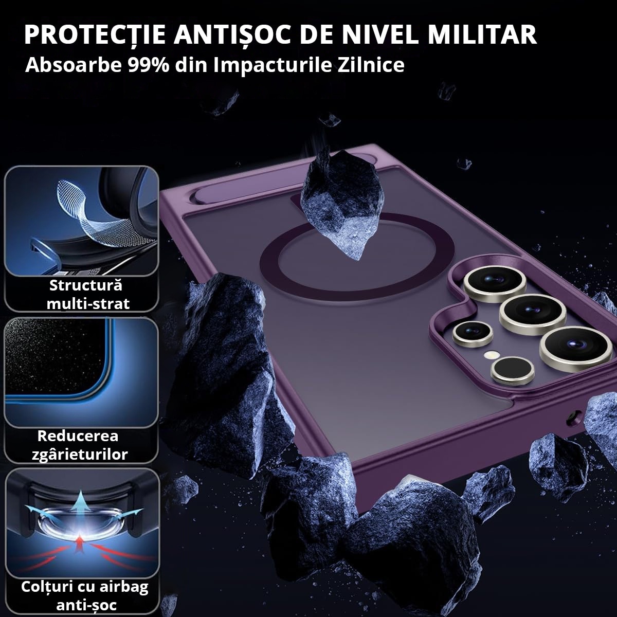 Husa pentru Samsung Galaxy S24 ULTRA, MagSafe, Protectie standard Militar, cu Suport Metalic Incorporat, Violet