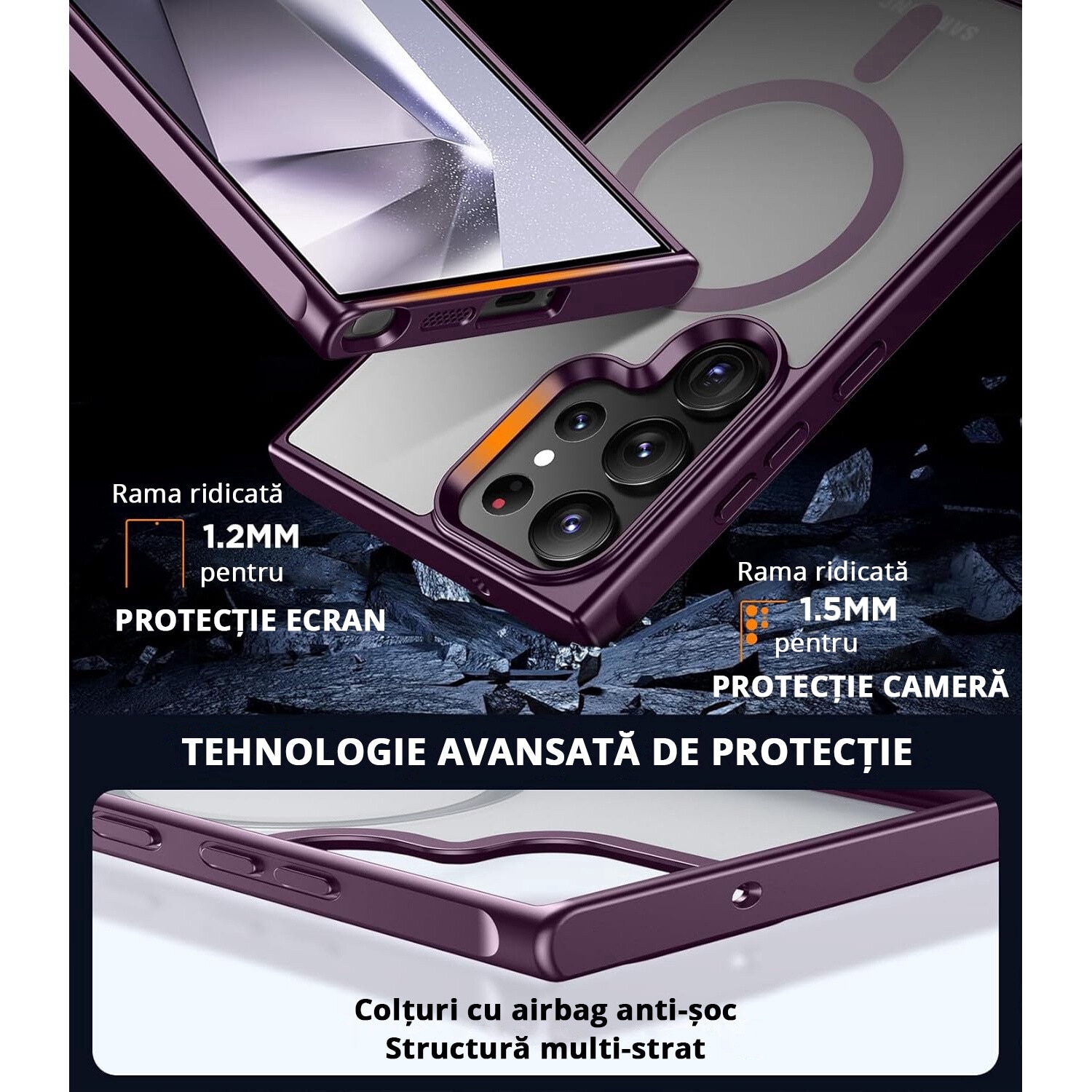 Husa pentru Samsung Galaxy S24 ULTRA, MagSafe, Protectie standard Militar, cu Suport Metalic Incorporat, Violet