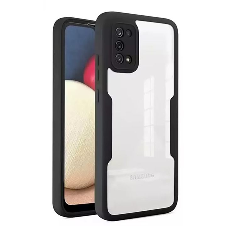 360-градусов калъф, съвместим със Samsung Galaxy A02s / A03s, с включен протектор за екран, удароустойчив, против пожълтяване, против надраскване, издръжлив, 3 mm повдигнати ръбове, черен/прозрачен