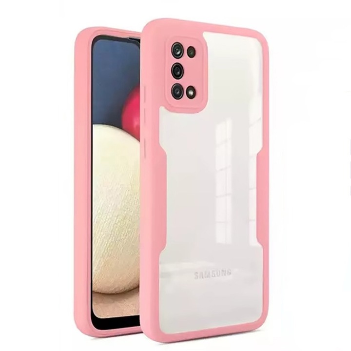 360-градусов калъф, съвместим със Samsung Galaxy A02s / A03s, с включен протектор за екран, удароустойчив, против пожълтяване, против надраскване, издръжлив, 3 mm повдигнати ръбове, розов/прозрачен