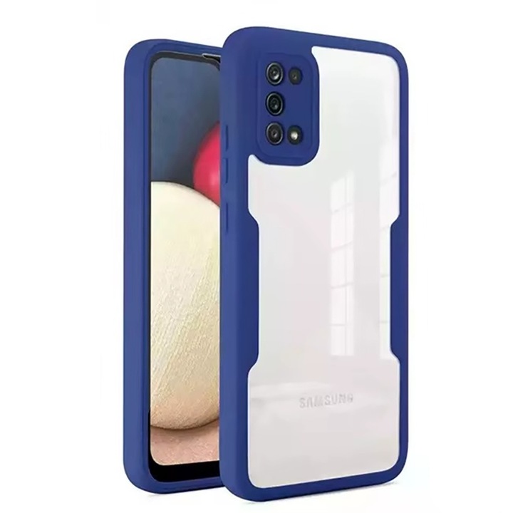 360-градусов калъф, съвместим със Samsung Galaxy A02s / A03s, с включен протектор за екран, удароустойчив, против пожълтяване, против надраскване, издръжлив, 3 mm повдигнати ръбове, син/прозрачен