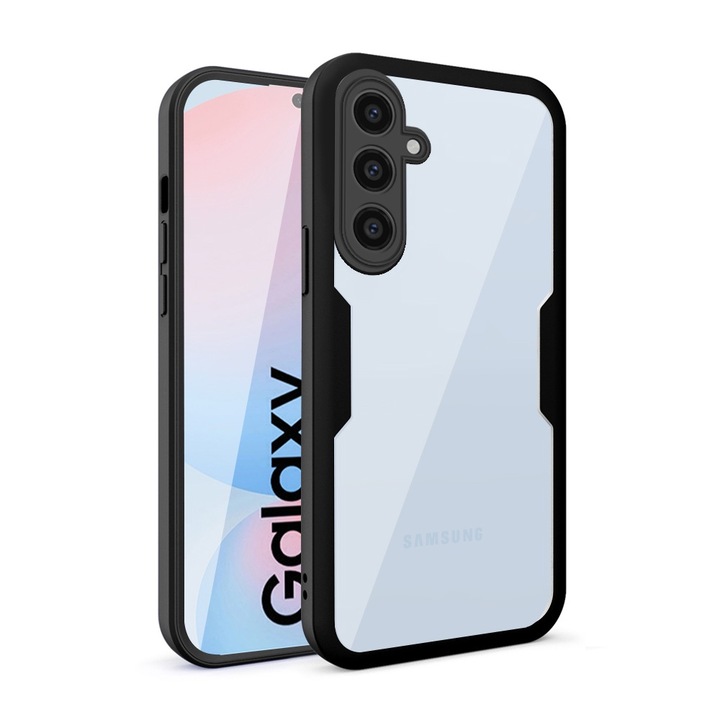 360-градусов калъф, съвместим с Samsung Galaxy A16 4G / A16 5G, с включен протектор за екрана, удароустойчив, против пожълтяване, против надраскване, издръжлив, 3 mm повдигнати ръбове, черен/прозрачен