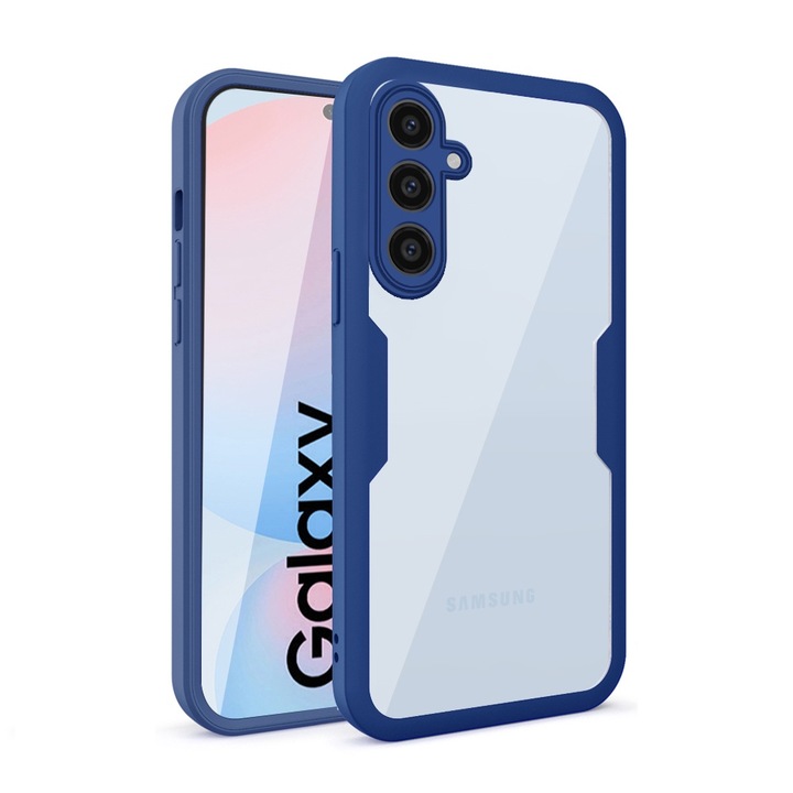 360 fokos tok kompatibilis a Samsung Galaxy A16 4G / A16 5G telefonnal, Kijelzővédővel, Ütésálló, Sárgásgátló, Karcmentes, Tartós, 3 mm-rel megemelt élek, Kék/Átlátszó