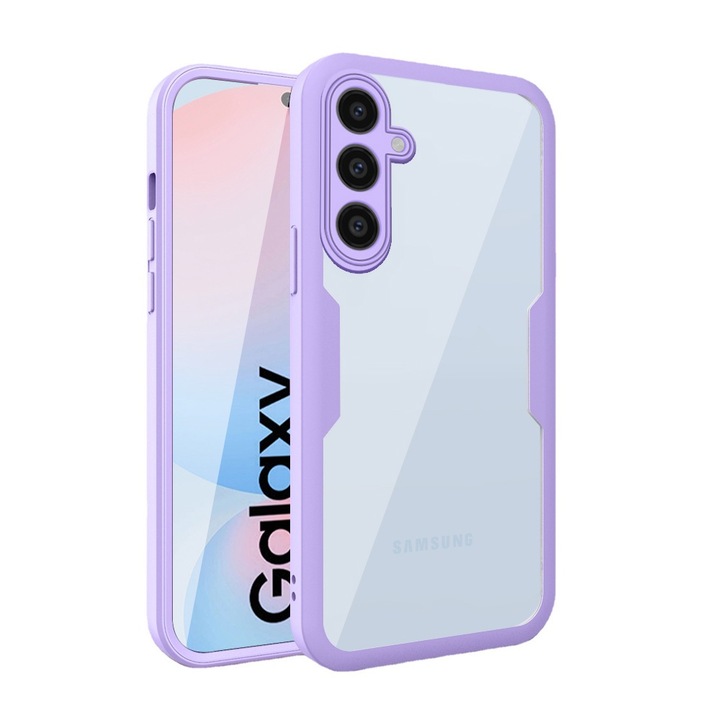 360-градусов калъф, съвместим със Samsung Galaxy A16 4G/ A16 5G, с включен протектор за екрана, удароустойчив, против пожълтяване, против надраскване, издръжлив, 3 mm повдигнати ръбове, лилав/прозрачен