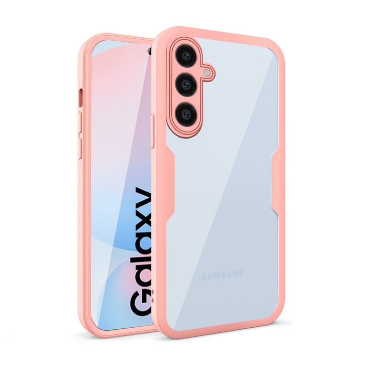 360-градусов калъф, съвместим със Samsung Galaxy A16 4G/ A16 5G, с включен протектор за екрана, удароустойчив, против пожълтяване, против надраскване, издръжлив, 3 mm повдигнати ръбове, розов/прозрачен