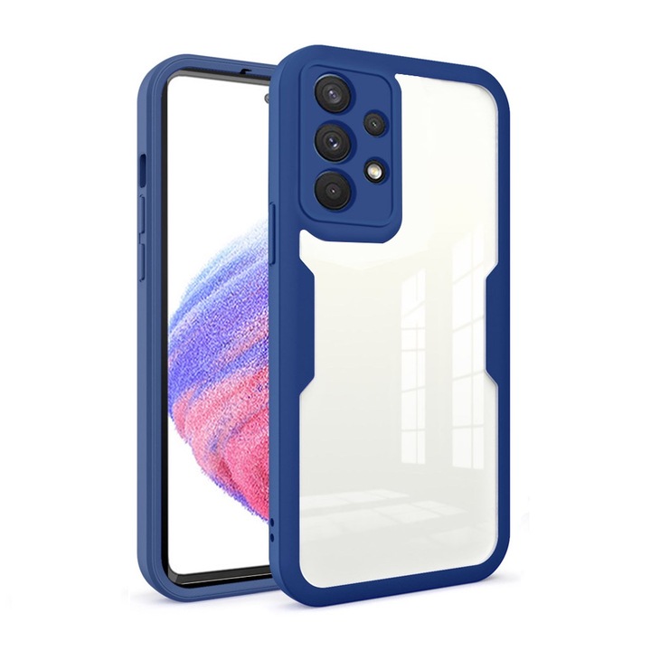 360-градусов калъф, съвместим с Samsung Galaxy A13 4G, с включен протектор за екрана, удароустойчив, против пожълтяване, против надраскване, издръжлив, 3 mm повдигнати ръбове, син/прозрачен