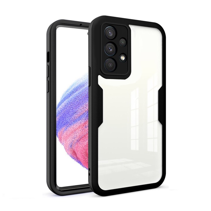 360-градусов калъф, съвместим с Samsung Galaxy A13 4G, с включен протектор за екран, удароустойчив, против пожълтяване, против надраскване, издръжлив, 3 mm повдигнати ръбове, черен/прозрачен