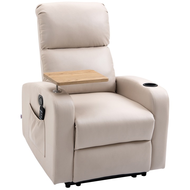 Scaun electric de relaxare HOMCOM, scaun de masaj rabatabil, din microfibra, lemn si otel, bej