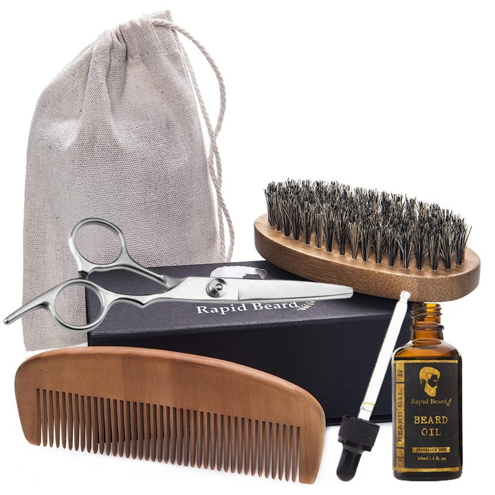 Kit profesional pentru ingrijirea barbii, set complet cu ulei hidratant, pieptene si perie din lemn, foarfeca din otel inoxidabil, saculet de depozitare, negru