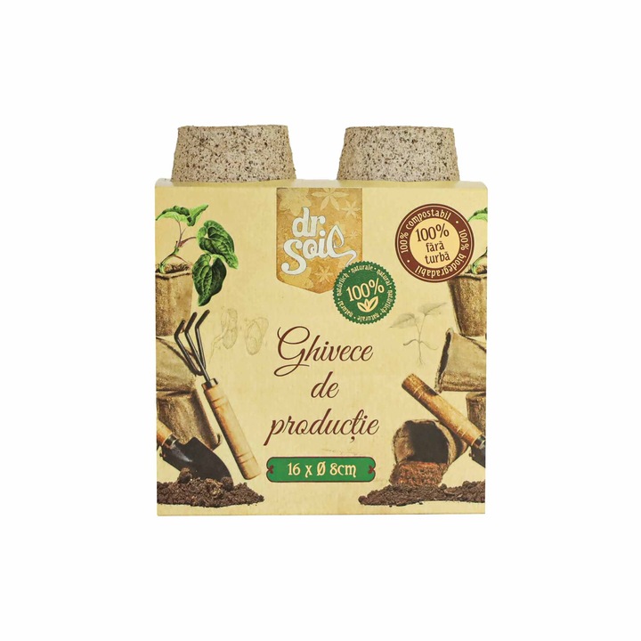 Set 16 ghivece biodegradabile rotunde pentru germinare si sadire Dr.Soil, cu diametrul de 8 cm