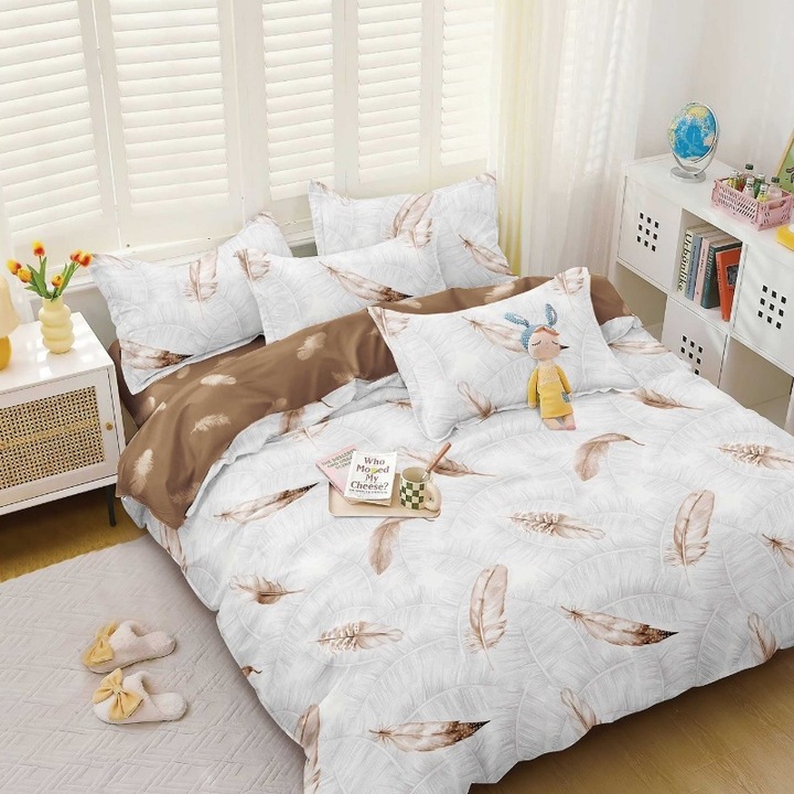 Двойно спално бельо, сатениран памук, кафяво перо 4 бр