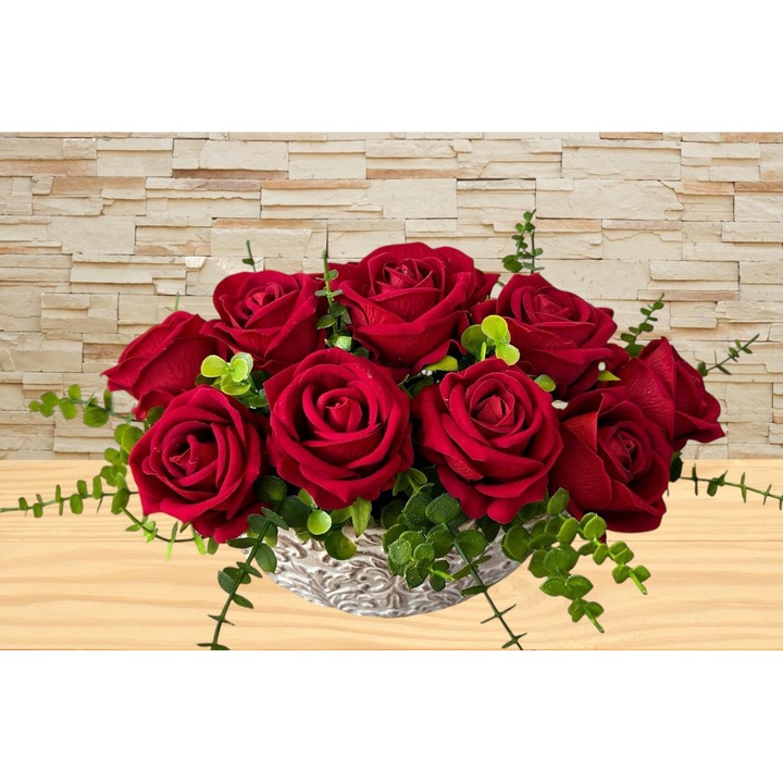 Aranjament oval floral din flori artificiale, 30x18x22 cm, Dady, cu trandafiri rosii din catifea si eucalipt, in vas barcuta din piatra, cu desen baroc