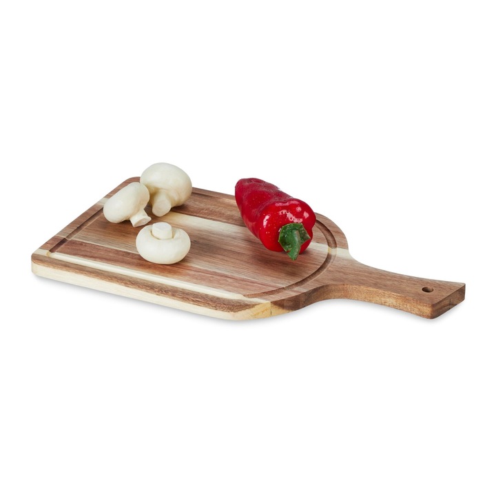 Tocator din lemn de acacia cu maner, placa de taiere si servire, robust si durabil, cu sant pentru lichide, 37 x 20 cm