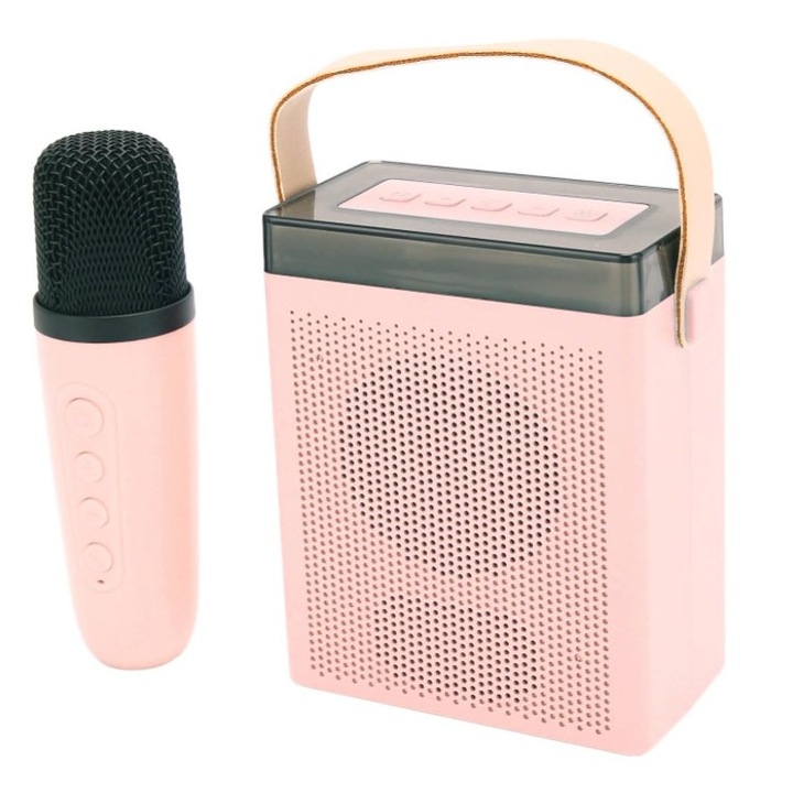 Difuzor portabil si Microfon Karaoke fara fir, Bluetooth 5.3, microSD, Roz
