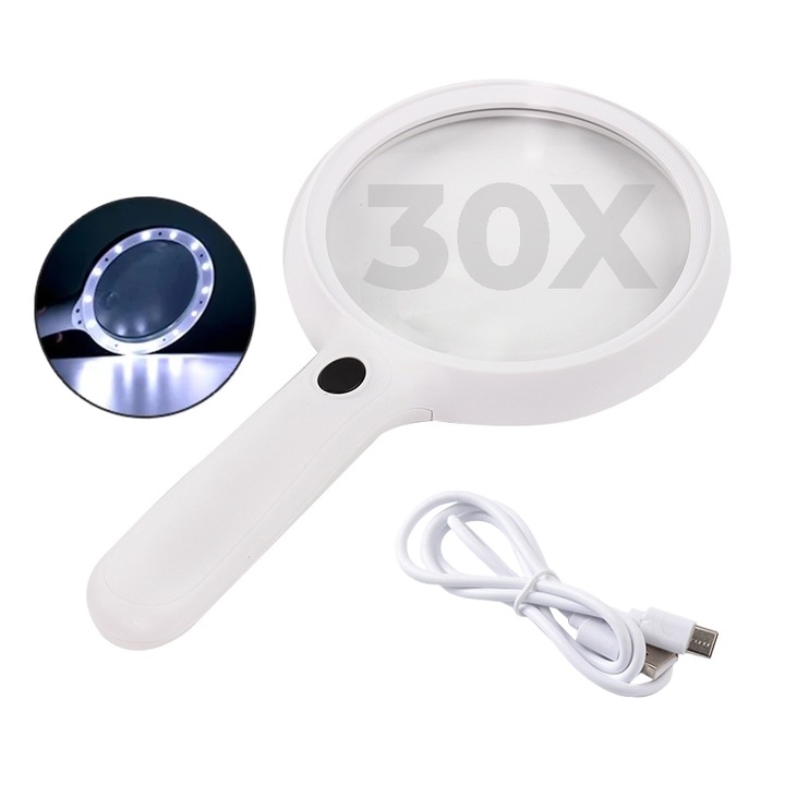 Lupa Mare Rotunda Miraza, Marire de 30X, Sticla Optica, Diametru 9 cm, Iluminare 20 LED, Incarcare USB-C, Maner Ergonomic, Alb