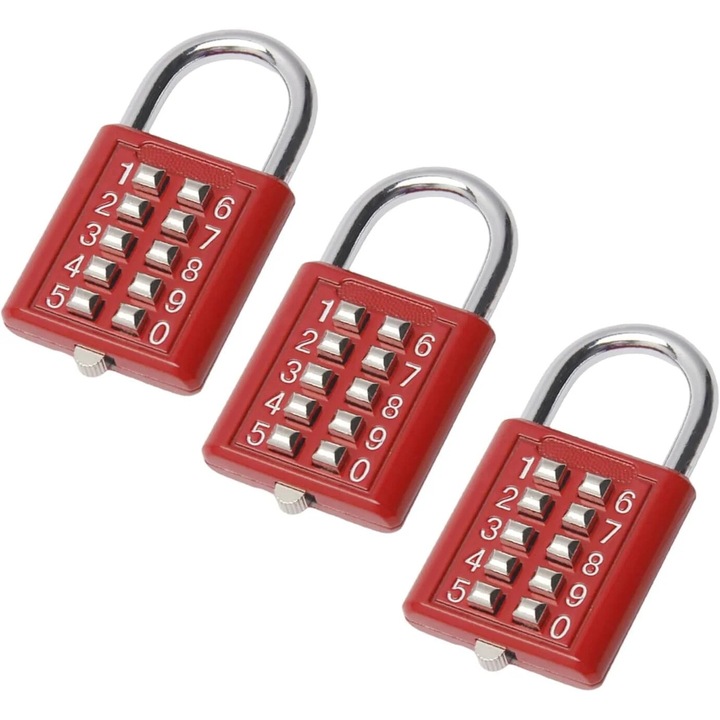 Комплект от 3 10-цифрени комбинирани катинара, 6мм, 40х68мм, червени