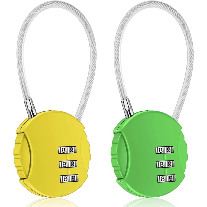 Комплект от 2 брави с 3-цифрена комбинация, водоустойчиви, за училище, спорт, кутии, врати, зелено и жълто