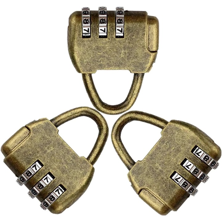 Комплект от 3 мини катинара с 3-цифрена комбинация, античен бронз, устойчиви на ръжда, размери 4.2x3.5x1.2cm