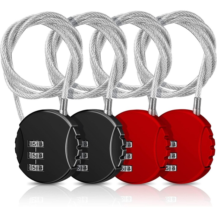 Комплект от 4 трицифрени комбинирани катинара, водоустойчиви, лесни за пренасяне, многоцветни