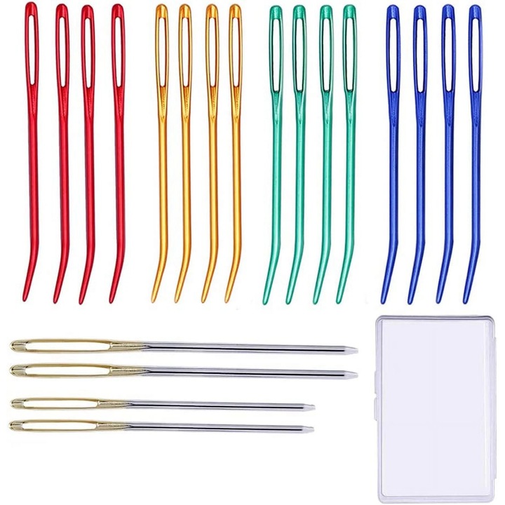 Комплект игли за шиене с 20 игли с големи очи, 16 игли за гоблени с извит връх 70 mm и 4 прави игли 60 mm и 70 mm, метални, леки