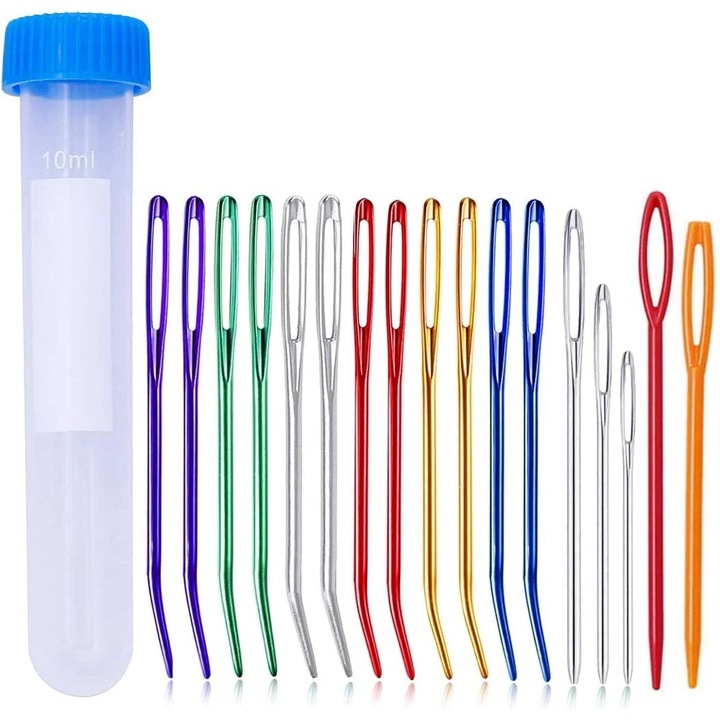 Комплект игли за бродиране, 17 части, 12 извити игли, 3 прави игли, 2 пластмасови игли, различни цветове