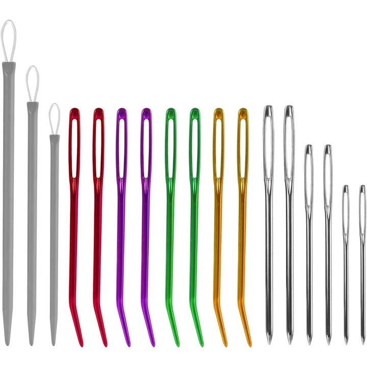 Комплект от 17 шевни игли, неръждаема стомана и алуминий, прави игли, извити игли, игли за вълна, за проекти за плетене на една кука