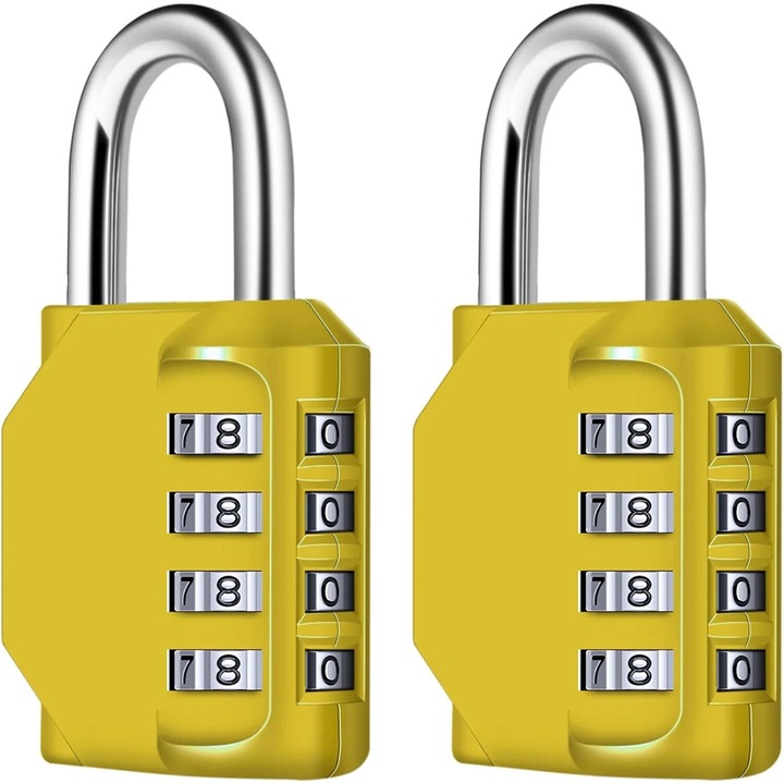 4-разрядна секретна брава, комплект от 2 броя, вътрешна и външна употреба, размери 82x42x22mm, жълта