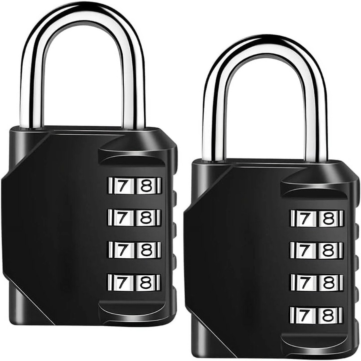 Комбинирани катинари, 4 цифри, комплект от 2, конструкция от цинкова сплав, устойчиви на атмосферни влияния, за училище, фитнес зала, гараж, врата, черни