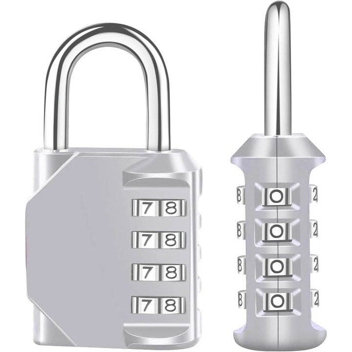 Комплект 2 секретни брави, 4 цифри, сребристи, за раници, спорт, училище, шкафове