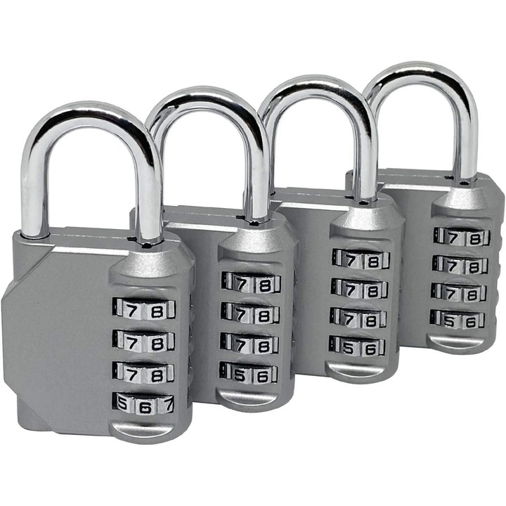 Комбинирани катинари, 4 цифри, комплект от 4, водоустойчиви, за училище, фитнес, кутии за инструменти, сребърни, размери 3,15x1,75x0,85 инча