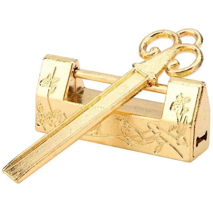 Винтидж катинар с ключ, китайска шарка, злато, 4х1,8х1 см, комплект 1 бр.