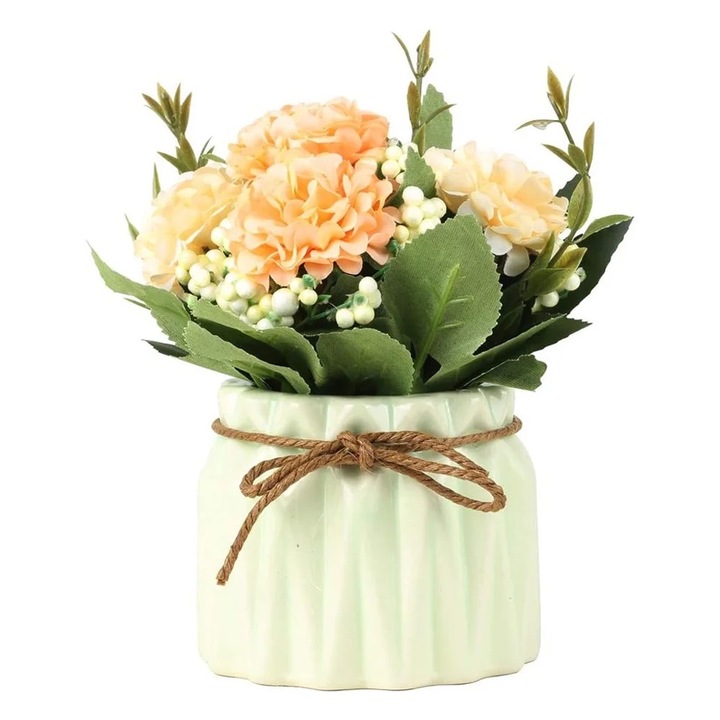 Керамична ваза с изкуствени цветя, декоративна за офиса и дома, зелена, комплект