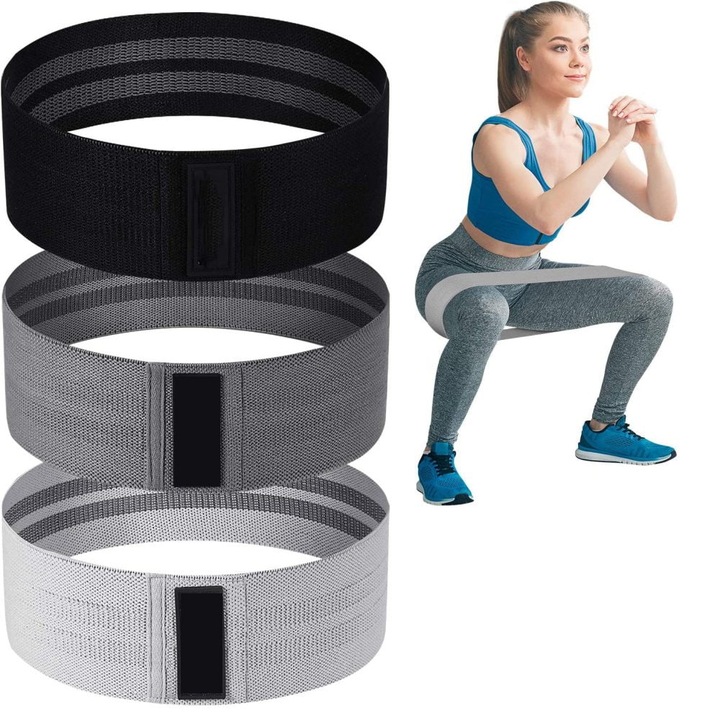 Комплект ластици за фитнес, 3 нива на съпротивление, тъмносив, светлосив, черен, 38x8см