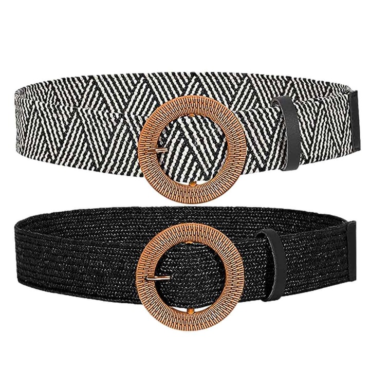 Комплект от 2 плетени сламени колана за жени, с дървени катарами, бяло+каки и черно+ивици, 98x4.5см