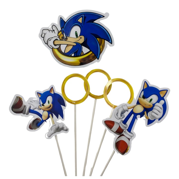 Decoratiune topper tort carton, tematica Sonic 130mm, 100mm, 70mm, 50mm - 6 piese