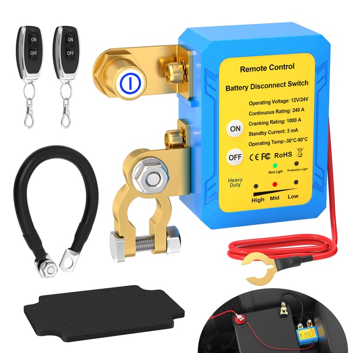 Lehnedar 12V 240A Превключвател за изключване на батерията с дистанционно управление за автомобили, камиони, каравани, лодки