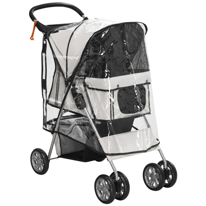 Carucior pentru caini PawHut pana la 10 kg cu husa de ploaie, pliabil 75x45x97 cm, gri