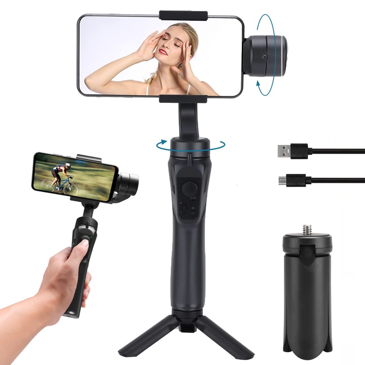 Стабилизатор за телефон, BYONDSELF®, Gimbal Pro за стабилизиране на снимки и видео, 3-осов стабилизатор, автоматично проследяване на обекти, включен статив, USB зареждане, 6 часа допълнителен живот на батерията, черен