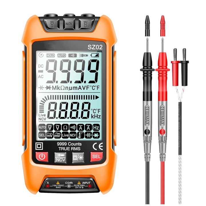 Multimetru digital, Masurare si detectie automata, Ecran LCD, Curenti AC/DC, NCV, Tensiune, Ohm, Ampere, Diode, Continuitate, Temperatura, Capacitate, Rezistenta, Incarcare USB, OUYLAF, Portocalie