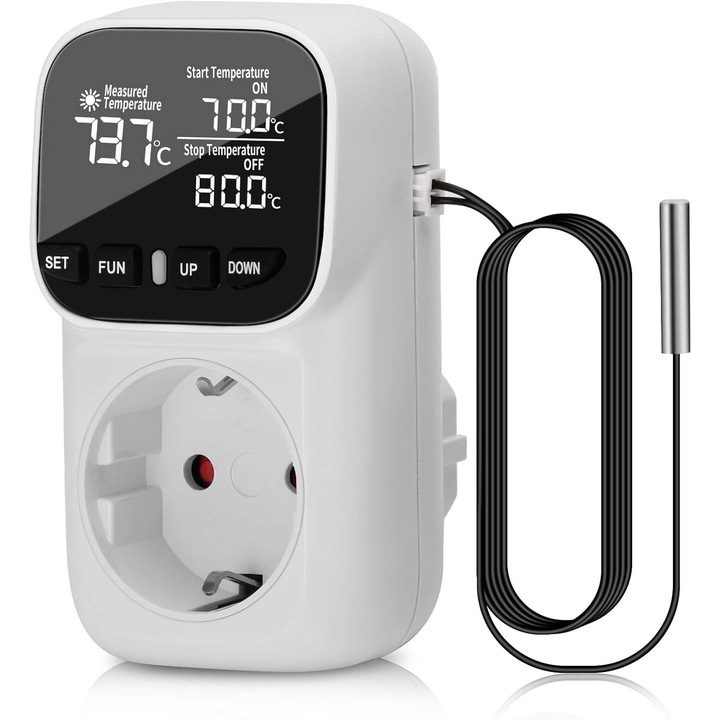 Priza inteligenta cu termostat, -40~+120°C, 230V, 16A, programabila, cu senzor de temperatura, ecran tactil pentru rezervor de peste, intrerupator de timp predefinit, racire, OUYLAF, Alb