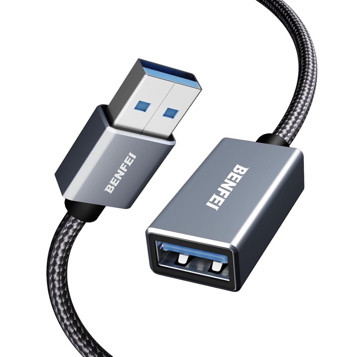 Prelungitor USB 3.0 USB tata la USB mama de extensie, Benfei, 5 Gb/s, 2m, Gri