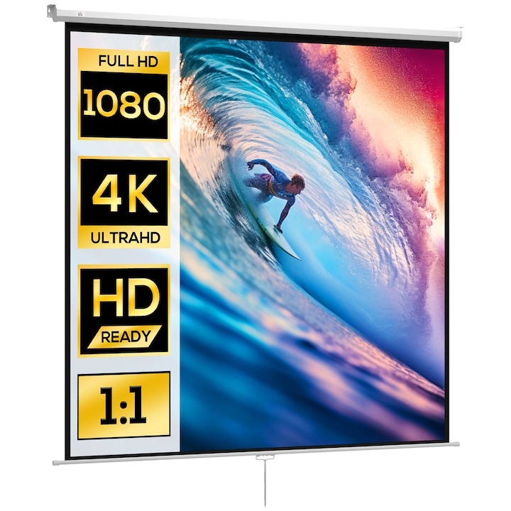 Екран за проектор HOMCOM 120 инча формат 1:1, ъгъл 160°, 223x8x223 см, бял
