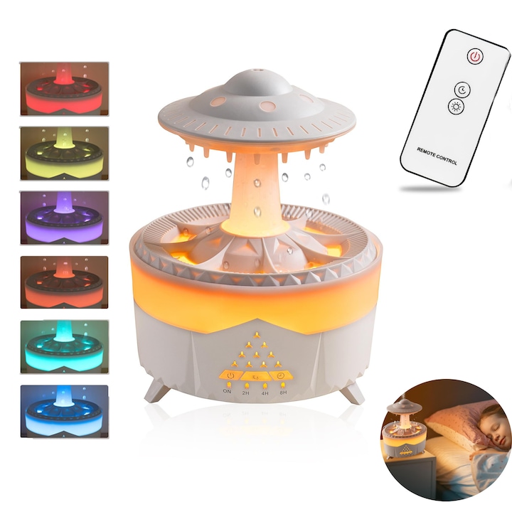 Umidificator cu difuzor de aromaterapie, MOGODA, Silentios, LED multicolor reglabil, 1.4L, Temporizator, Ultrasunete, 11.5x11.5x21 cm, Alb
