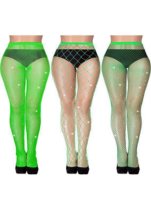 Set 3 Ciorapi de plasa dama, cu sclipici, Nylon, One Size INTL, Verde