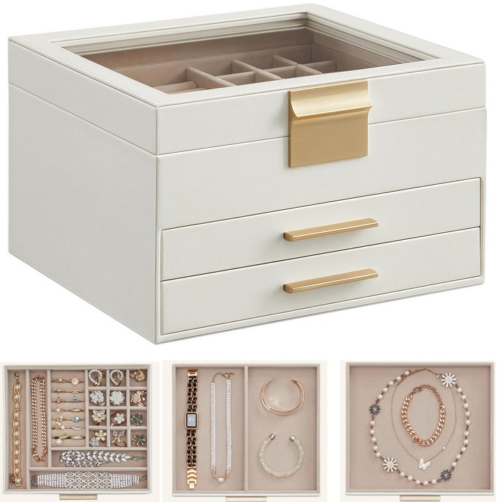 Cutie de bijuterii, RorAem, Cutie de bijuterii cu cheita, 3 nivele, 2 sertare, lantisoare, bratari, material catifelat, spatiu de depozitare pentru inele, piele ecologica, 20 x 23 x 13.5 cm, eleganta, design rafinat si simplu, Alb